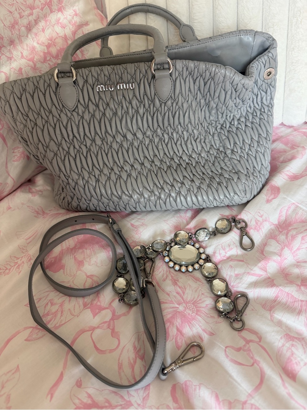 Miu Miu Crystal Gray Quilted Leather Top-Handle Bag with shoulder strap